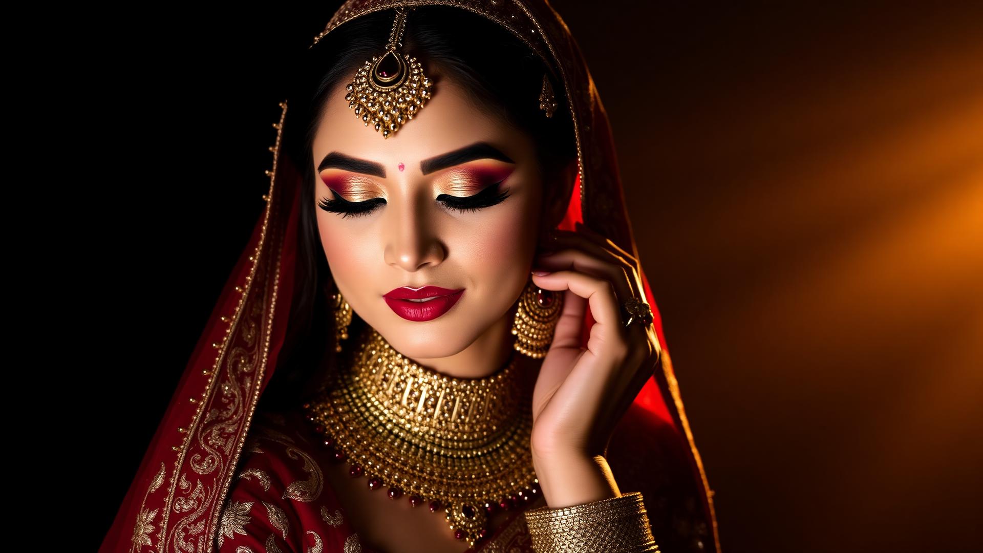 Bridal makeup portfolio look with gold jewellery