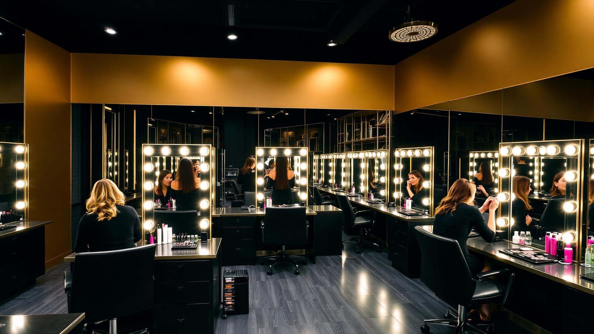 Students learning at illuminated vanity stations in the academy